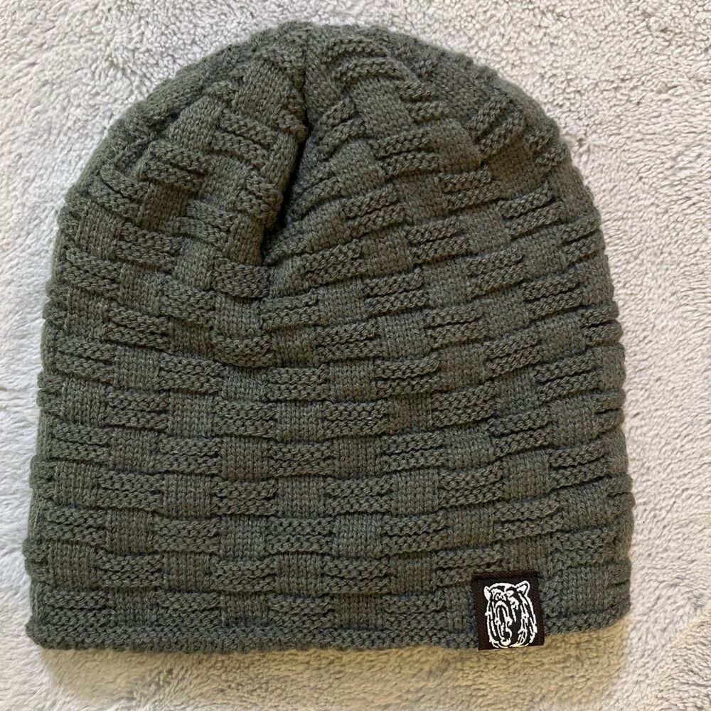 Gray Basketweave Knit Beanie Hat Unisex Winter Skull Cap Tiger Patch